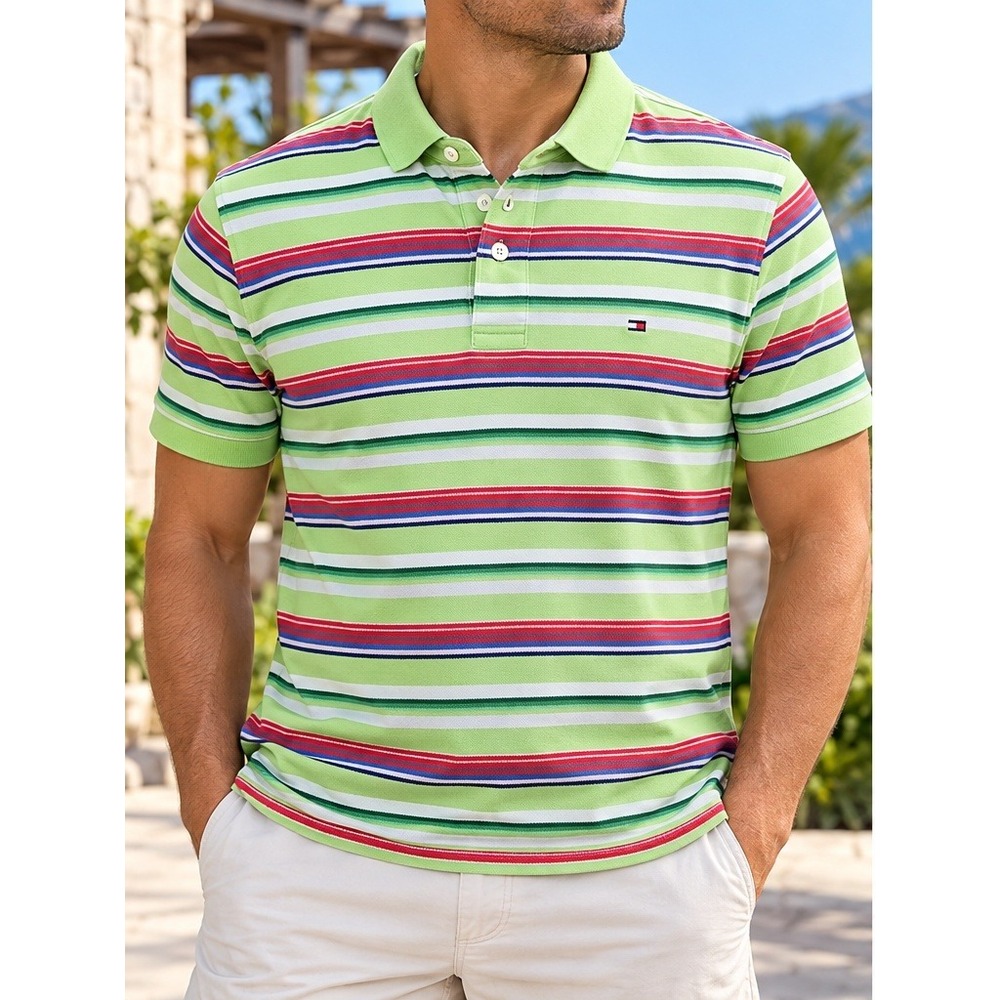 Tommy Hilfiger Polo Shirt Mens L Green Multi Stripe Short Sleeve Preppy Pique